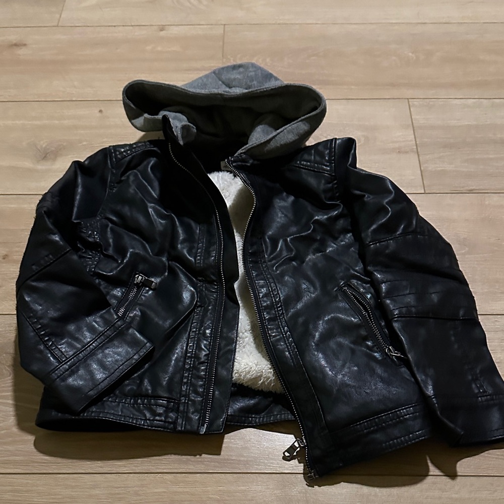 H&M Black Leather Jacket with Gray Hood